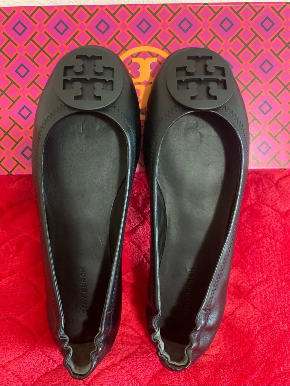 Tory Burch Black Leather Logo Ballet Flats
